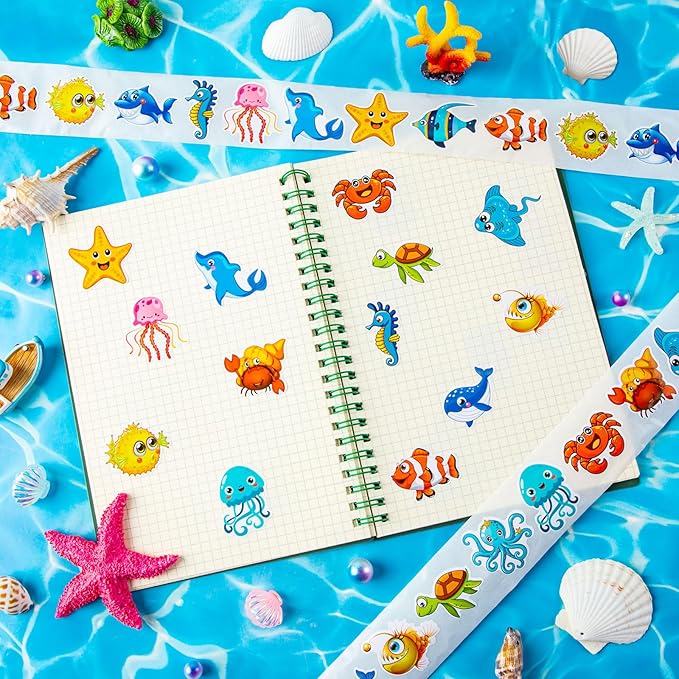 1200 Pcs Ocean Animal Stickers Roll Sea Animal Stickers for Kids Cute Roll Sticker Cartoon Fish Sticker Deals Sea Creature Labels for Teacher Reward School Supplies Incentives (16 Styles)