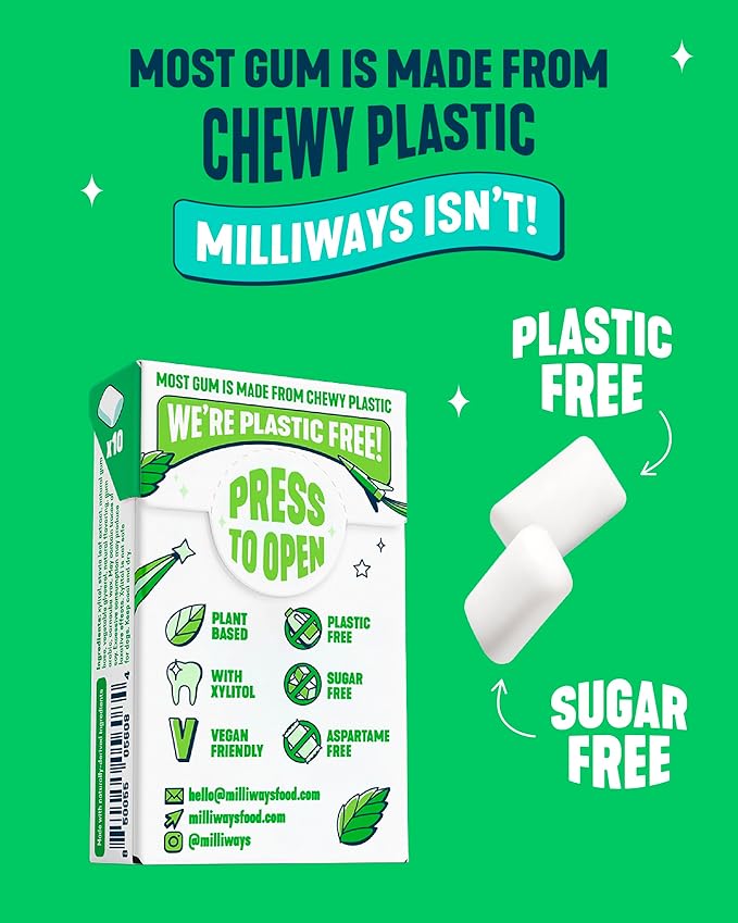 Milliways Spearmint | Plastic Free Gum | Xylitol, Aspartame-Free, Sugar-Free, Plant-Based, Natural Chewing Gum | 120 Pieces Total (12 Packs of 10 Pieces)
