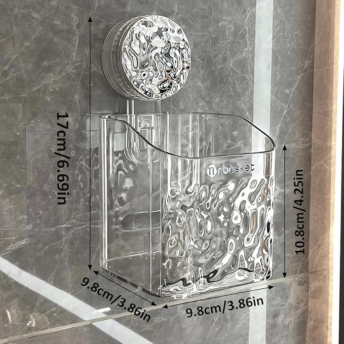 2 Pack Suction Cup Shower Caddy, Wall Mounted Suction Electric Toothbrush Holder for Bathroom, Clear Shower Rack with 2 Movable Hooks, Toothpaste and Razors Shower Organizer