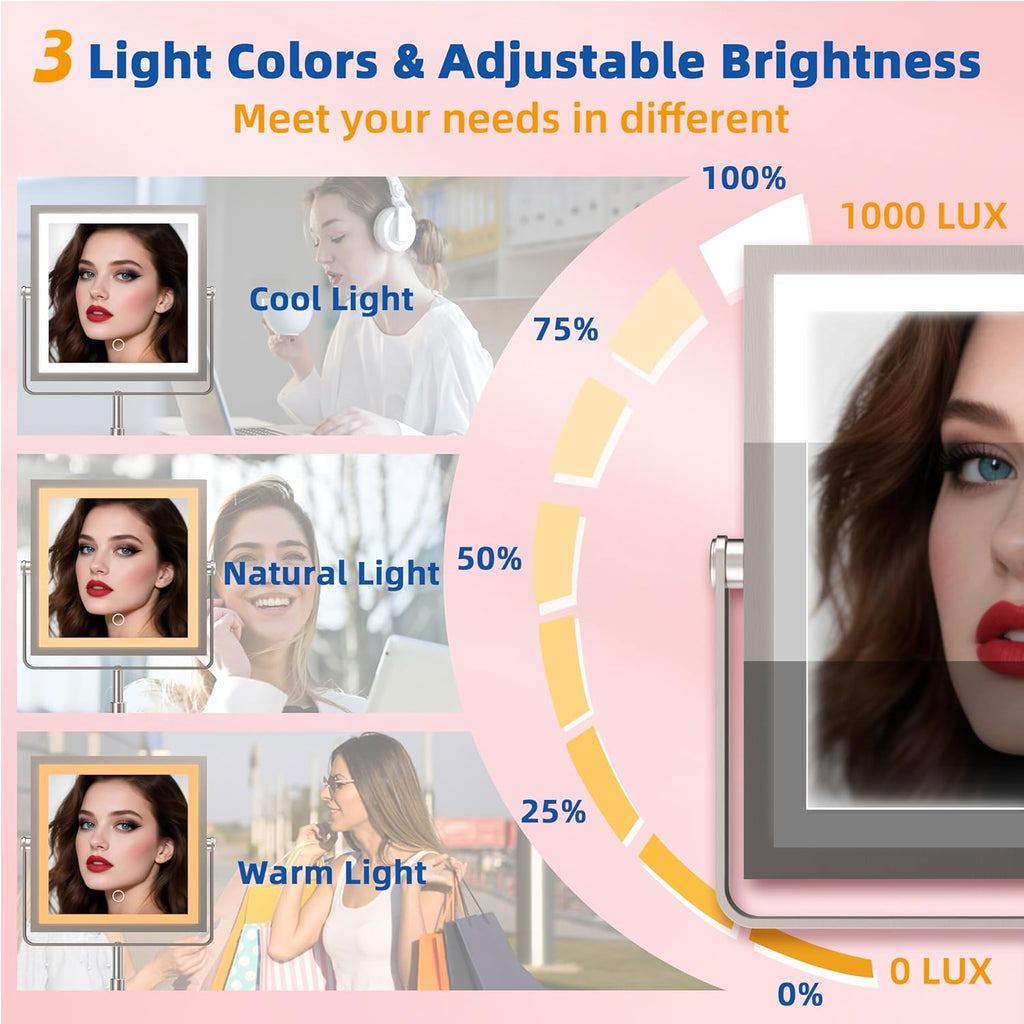 Ruacq Rechargeable Makeup Mirror, 4000mAh Lighted Makeup Mirror with Magnification1X/10X, Height Adjustable Vanity Mirror with Lights, 3 Color Lights, Adjust Brightness, 360°Rotation(Brushed Nickel)