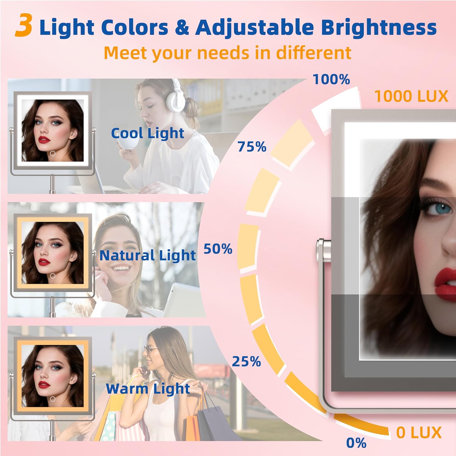 Ruacq Rechargeable Makeup Mirror, 4000mAh Lighted Makeup Mirror with Magnification1X/10X, Height Adjustable Vanity Mirror with Lights, 3 Color Lights, Adjust Brightness, 360°Rotation(Brushed Nickel)