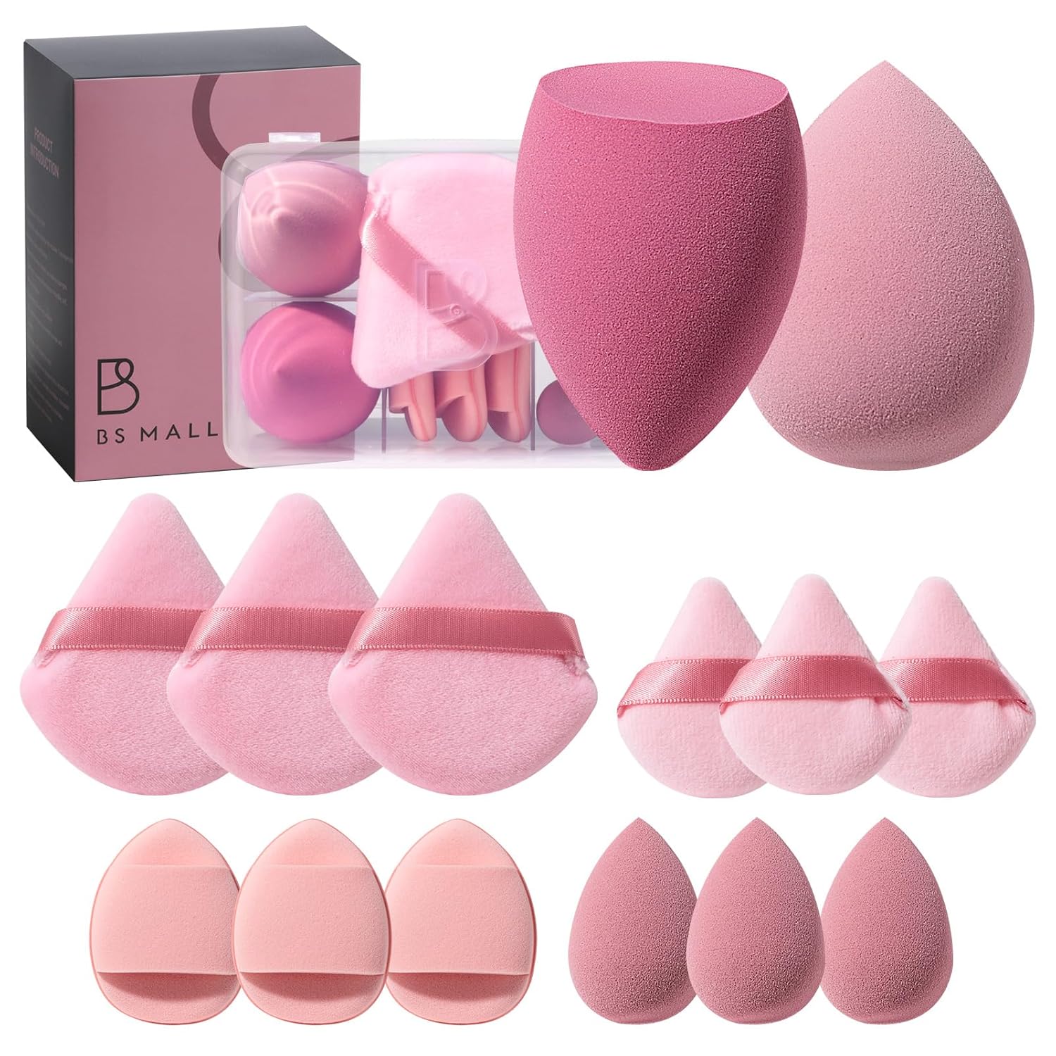 Makeup Sponge Set BS-MALLTriangle Puff 14 Pcs for Liquid, Cream, and Powder, Multi-colored Makeup Sponges and Mini Makeup Sponge (B-Pink)