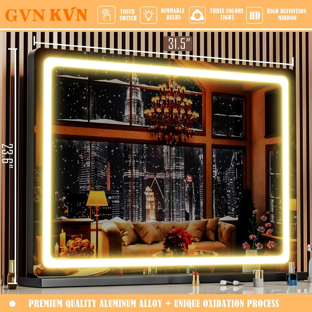 Makeup Vanity Mirror with Lights 32" x 24" Large LED Makeup Mirror, Light up Mirror with 10X Magnification and USB Charging Port, with Dimmable 3 Modes, Touch Screen Control Round Black