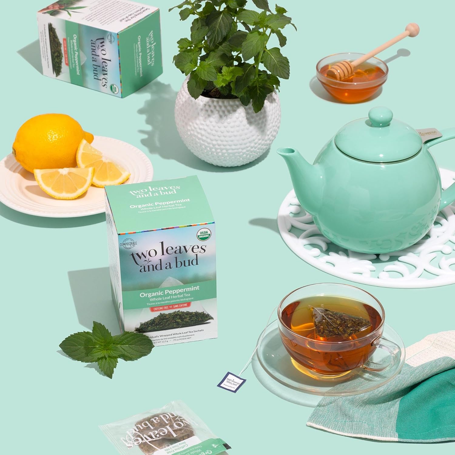 Two Leaves and a Bud Organic Peppermint Tea Bags, Naturally Caffeine Free, Herbal Whole Leaf Peppermint Tea in Compostable Sachets, 15 Count (Pack of 1)