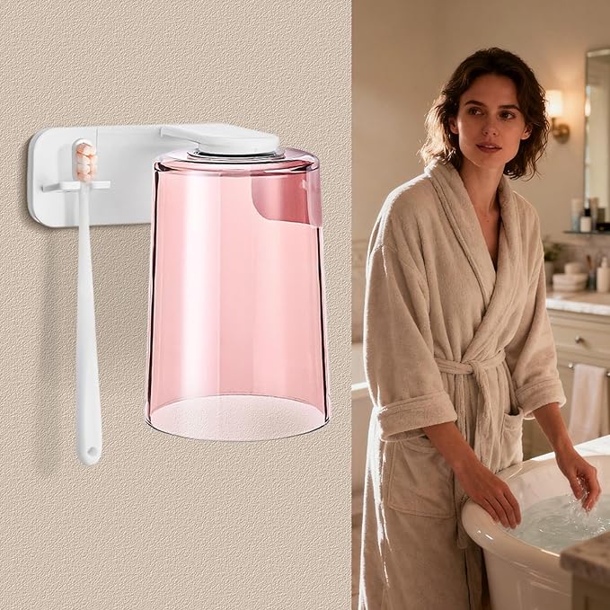 Toothbrush Cup Organizer - Adhesive Rinse Cup Set, Wall Mounted Brush Dispenser, Bathroom Accessory with Space Saving Design, Tooth Care Holder for Home Apartment Dorm Office Hotel RV Travel