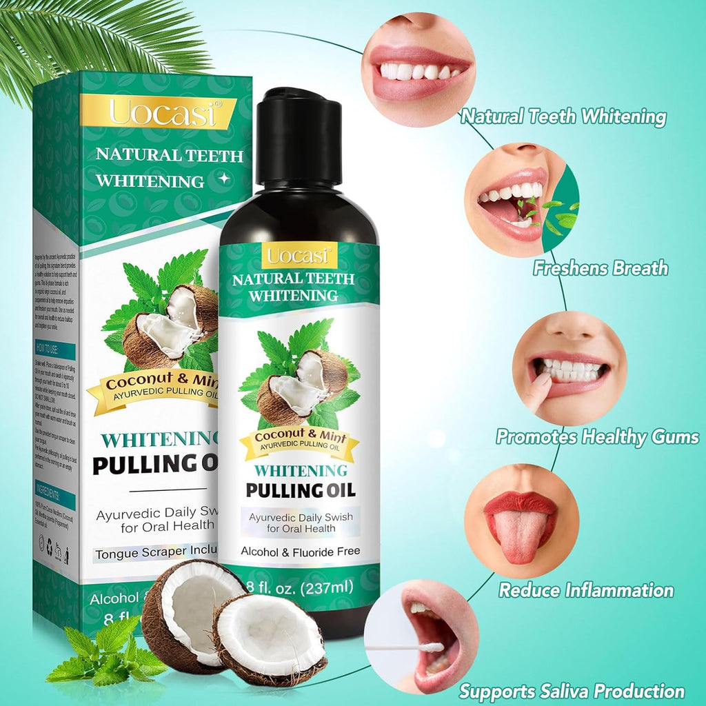 Coconut Oil Pulling for Teeth - 2 Pack, Coconut Oil Mouthwash, Natural Oral Care, Fights Bad Breath, Mouthwash Alcohol Free, Dye Free, PH Balanced, Mint Flavor, 16 Oz