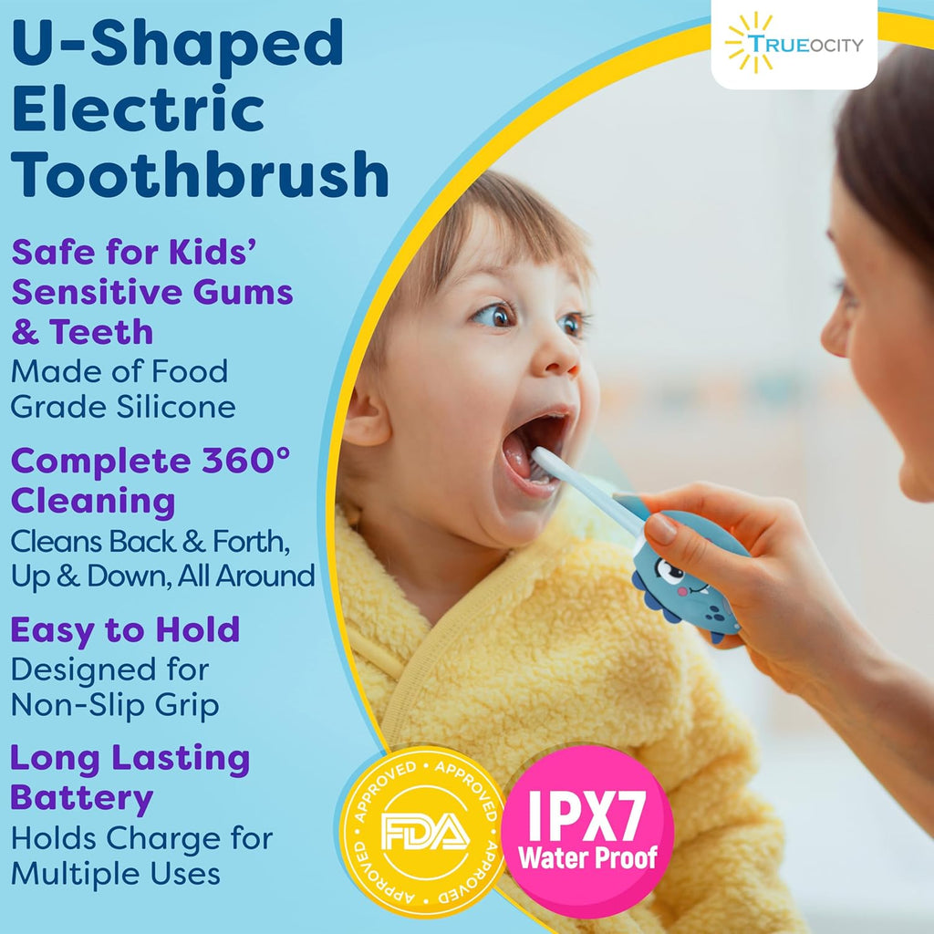 Trueocity Kids U Shape Toothbrush Auto Electric Toddler Rechargeable Kids Automatic Toothbrush | 360° U-Shaped Silicone Brush Head | Gentle Cleaning for Ages 2–7| Dinosaur Design (Blue)