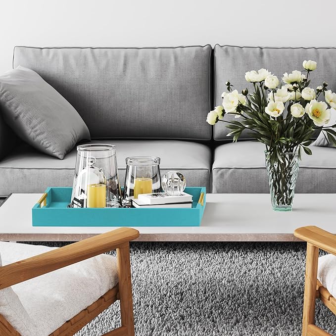 17" x 12" Wood Serving Tray with Gold Polished Metal Handles, Home Decorative Wooden Rectangle Ottoman Leather Decor Platter Bathroom Vanity Tray for All Occasions Blue