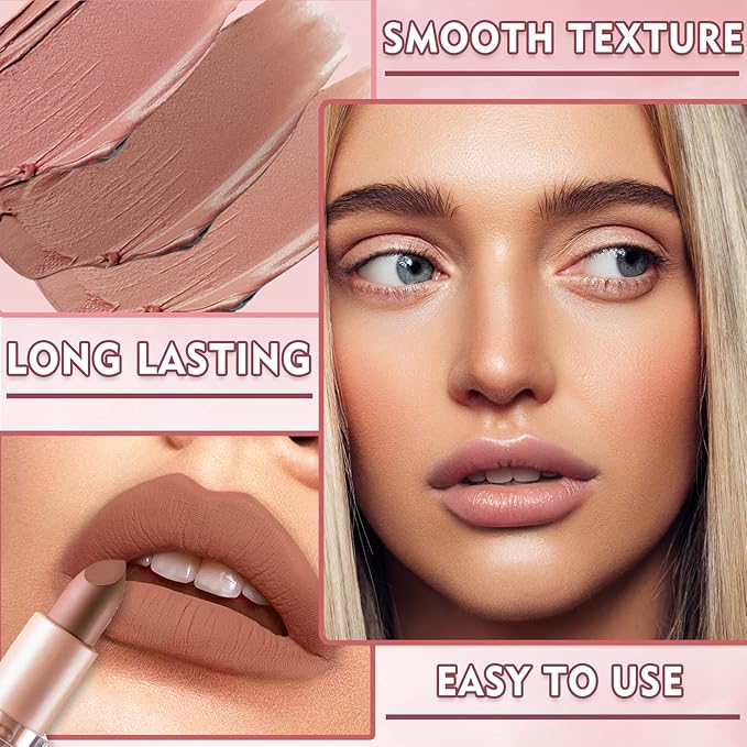 2PCS Matte Nude Lipstick Set Velvet Lip Gloss Non-Fading Non-Sticky Cup Nude Lipstick Matte Lip Stain Long Lasting Waterproof Lipstick for Women Girls Daily Lip Makeup-White Peach+Flesh Pink