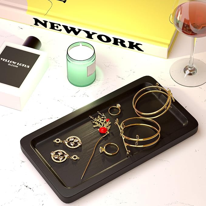 Black Bathroom Accessories Set 2 pcs - 9’’ Small Black Bamboo Tray for Bathroom, Wooden Bar Soap Holder for Shower, Kitchen Soap Dispenser Set for Sink, Kitchen Dish Tray Decor