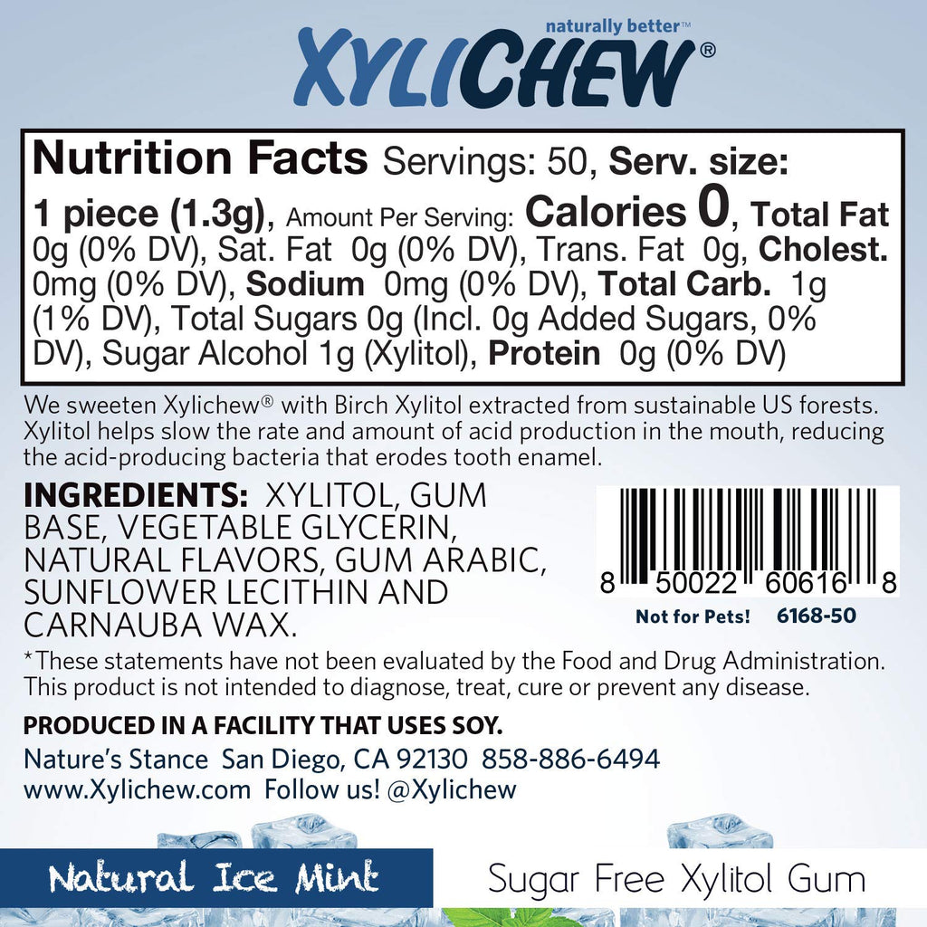 Xylichew 100% Xylitol Chewing Gum - Non GMO, Non Aspartame, Gluten Free, and Sugar Free Gum - Natural Oral Care, Relieves Bad Breath and Dry Mouth - Ice Mint, 50 Count