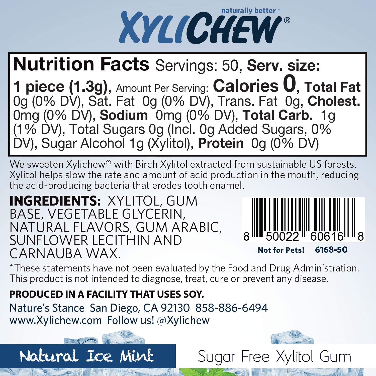 Xylichew 100% Xylitol Chewing Gum - Non GMO, Non Aspartame, Gluten Free, and Sugar Free Gum - Natural Oral Care, Relieves Bad Breath and Dry Mouth - Ice Mint, 50 Count