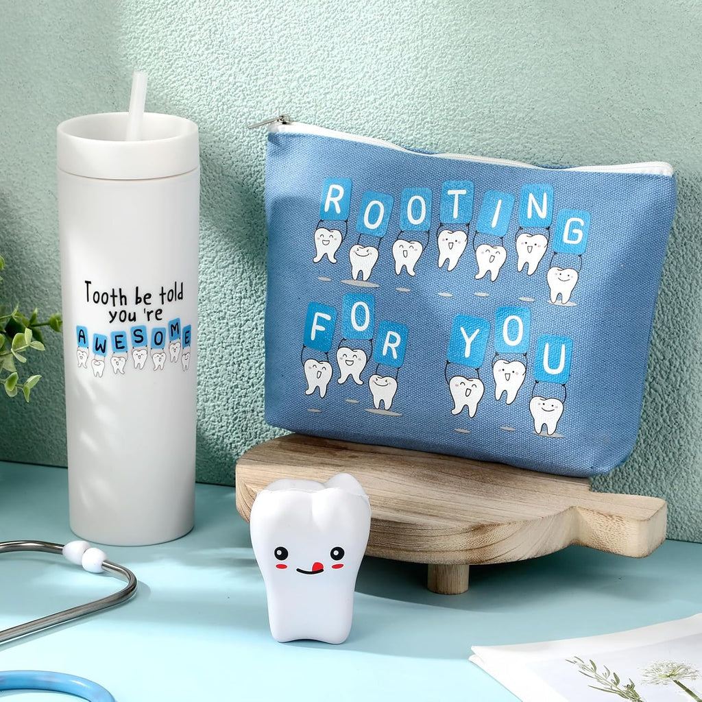 Skylety 3 Pcs Dental Hygiene Month Gifts Dental Assistant Hygienist Appreciation Gift 16oz Tumbler with Lid Cute Teeth Makeup Bag Stress Toy Employee Thank You Dentist Coworker Nurse Student(White)