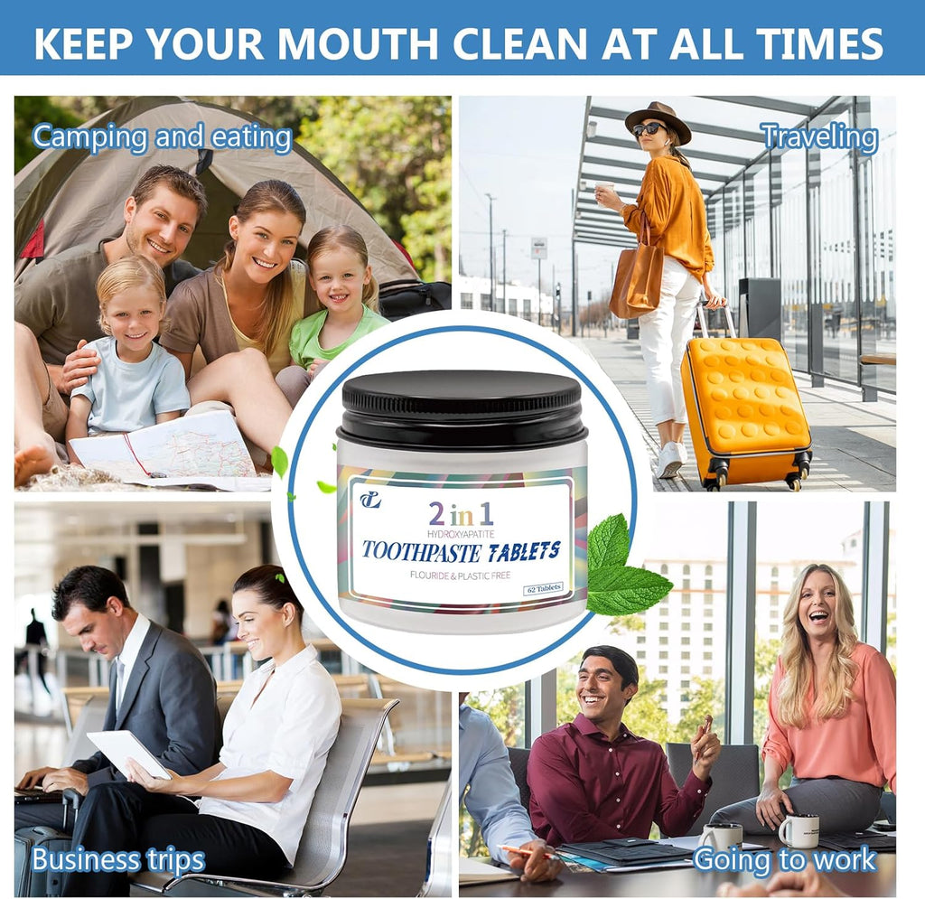 Toothpaste Tablets with Nano Hydroxyapatite – 2-in-1 Chewable Mint Tablets for Fresh Breath & Daily Cleaning, Fluoride-Free, Travel Friendly Jar, 62 Count (1)