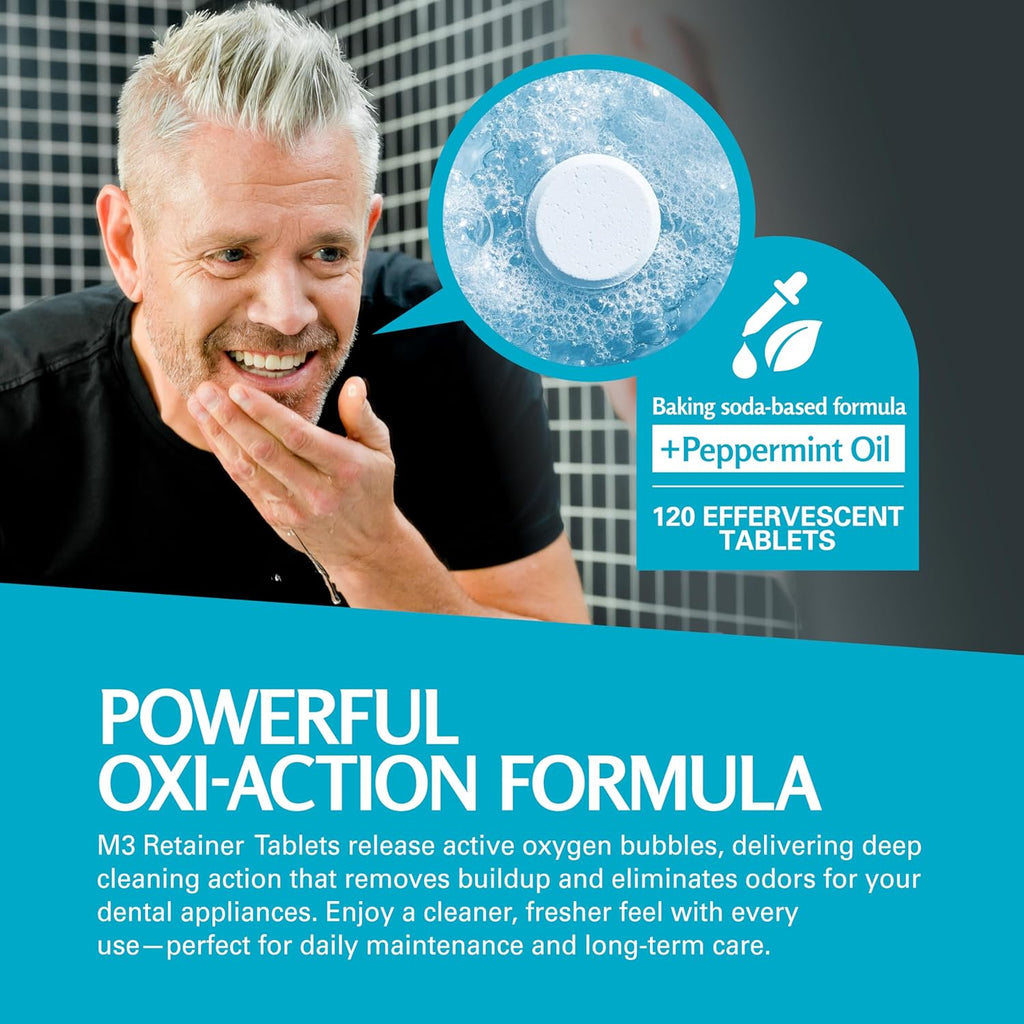 Retainer Cleanser Tablets Invisalign Cleaner, Removes Odors Discoloration Stains and Plaque 4 Month Supply Denture Cleansers Retainers Mouth Guards Denture Bath Mint by M3 Naturals