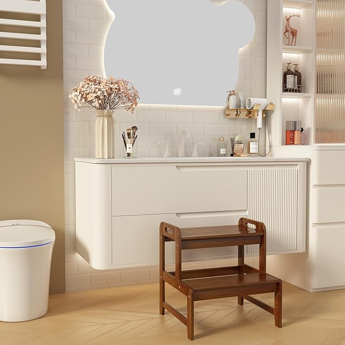 Step Stool for Kids Bamboo Toddler Two Steps Stool with Anti-Slip and Handles Stairs 300 lbs Capacity for Bathroom Kitchen Bedroom(Brown)