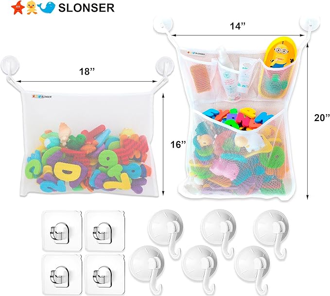 2 x Large Bath Toy Holder, Kids Bath Tub Toy Basket, Corner Mesh Bag, Baby Bathtub Storage Organizer, Bathroom Net Bucket, Toddler Shower Caddy Hanging Bin with 6 Suction Cups, 4 Adhesive Wall Hooks