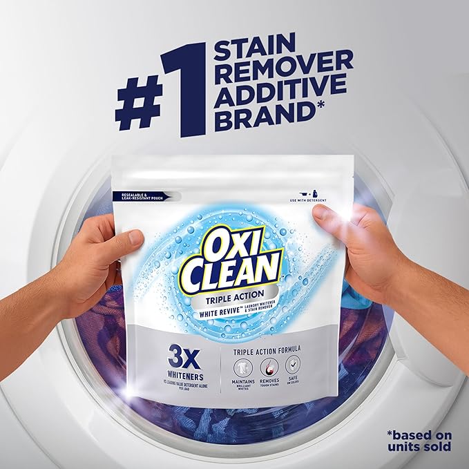 OxiClean Triple Action White Revive Laundry Whitener and Stain Remover Powder, Use with Detergent, Whitens and Brightens Clothes, Removes Tough Stains, Color Safe, Chlorine Free, 6.5 lbs