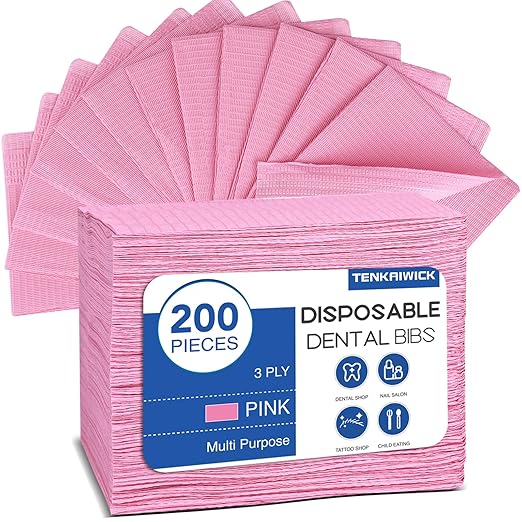 200 Pack Disposable Dental Bibs 13"x18", 3-Ply Waterproof Tattoo Bibs Sheet for Nail Salon, Dental Clinic, Feeding, Tattoo Shop (Pink)