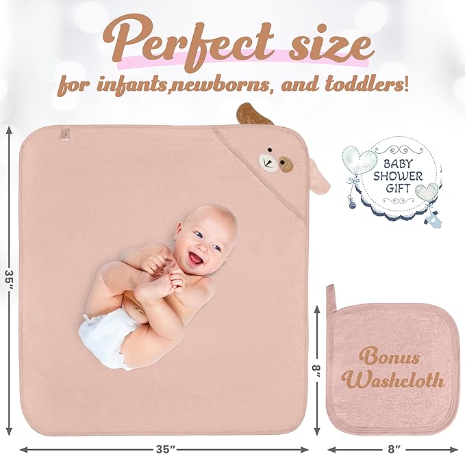 Baby Towels with Hood - Soft, Absorbent Viscose Made of Bamboo, Extra Large 35 x 35 Inches, for Newborns, Infants, Boys and Girls, Dusty Pink