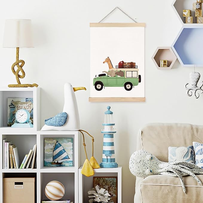 FDHSPAAM Funny Car Animal Nursery Wall Art Decor, Kids Room Decor, Whimsical Giraffe Elephant Rhinoceros Animal Travel Wall Art Posters for Nursery Home Kids Bedroom, 12x16 Inch