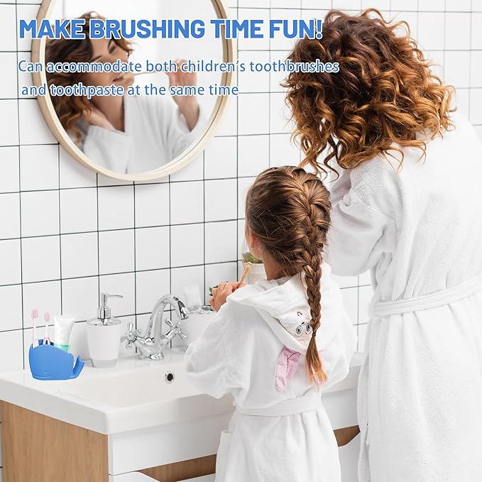2PCS Kids Toothbrush Holder, Cute Whale Silicone Toothbrush Holder for Bathrooms, Blue and White, Toothbrush and Toothpaste Storage Box, Fun Kids Ocean Bathroom Decor Animal Toothbrush Holde