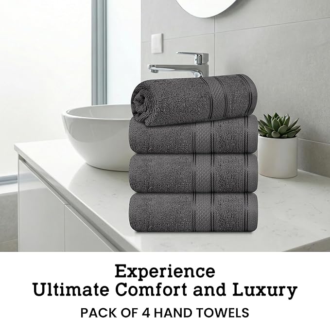 Casa Lino 100% Cotton Hand Towels for Bathroom - Soft, Highly Absorbent & Quick Dry Kitchen Towels - Gym Towel Set - Travel Towel Set - 24" x 16" - Pack of 4 - (Charcoal Black)