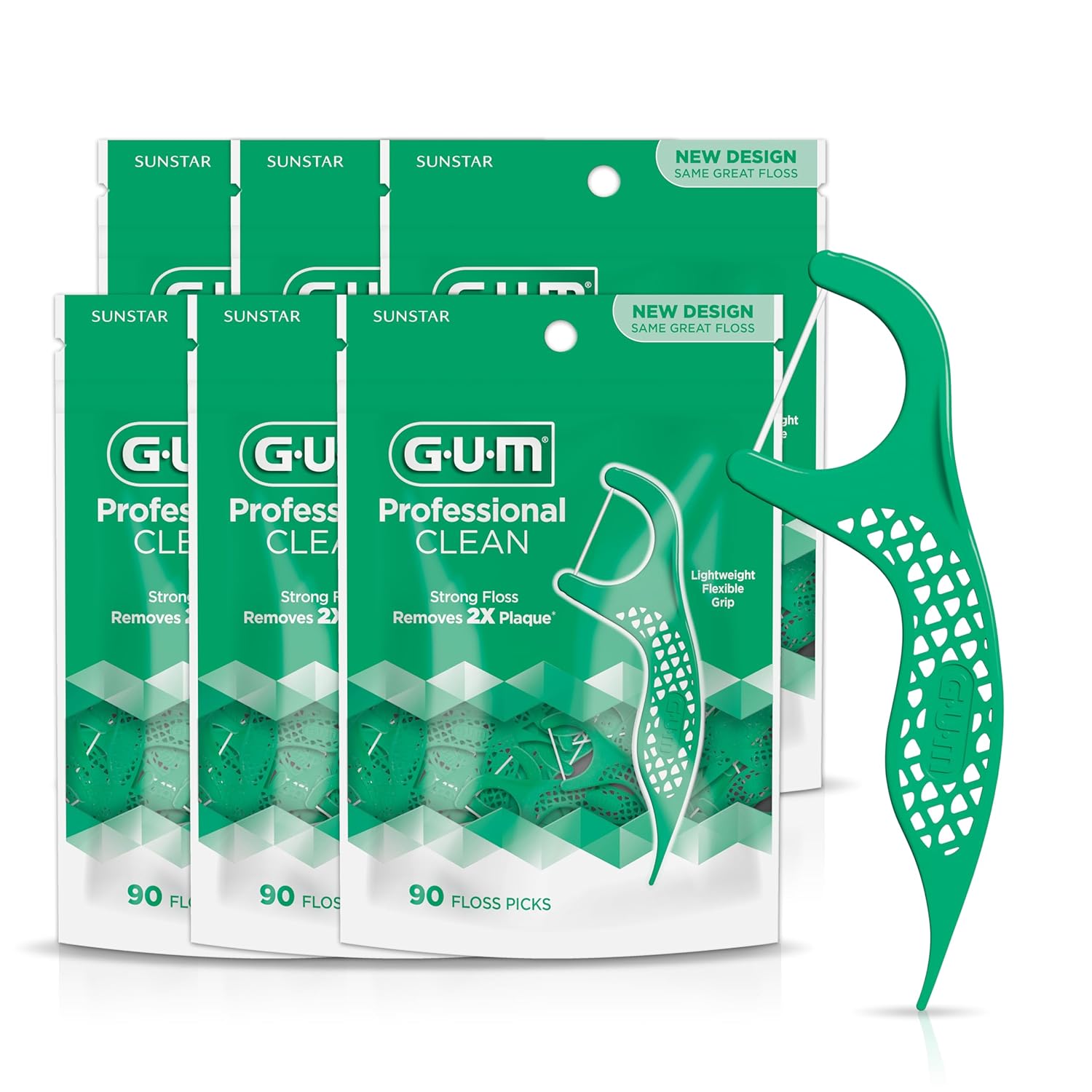 GUM Professional Clean Floss Picks - Extra Strong Shred-Resistant Floss, Easy Grip Handle - Dental Flossers for Adults - Fresh Mint Flavor, 90 Count (Pack of 6)