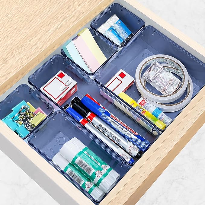 13 PCS Drawer Organizer Set, 5 Varied Size Bathroom and kitchen Drawer cabinet organizer Trays, Clear Storage Bins for Makeup, Jewelry, Utensils and Gadgets, Dark Blue