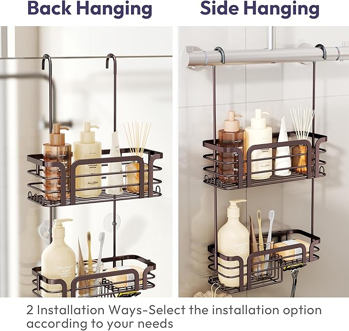 SWTYMIKI Shower Caddy Hanging Organizer - Over the Door Shower Caddy with Soap Holder, 11 Hooks, 2 Installation Ways, Stainless Steel Rustproof Bathroom Organizer, Bronze