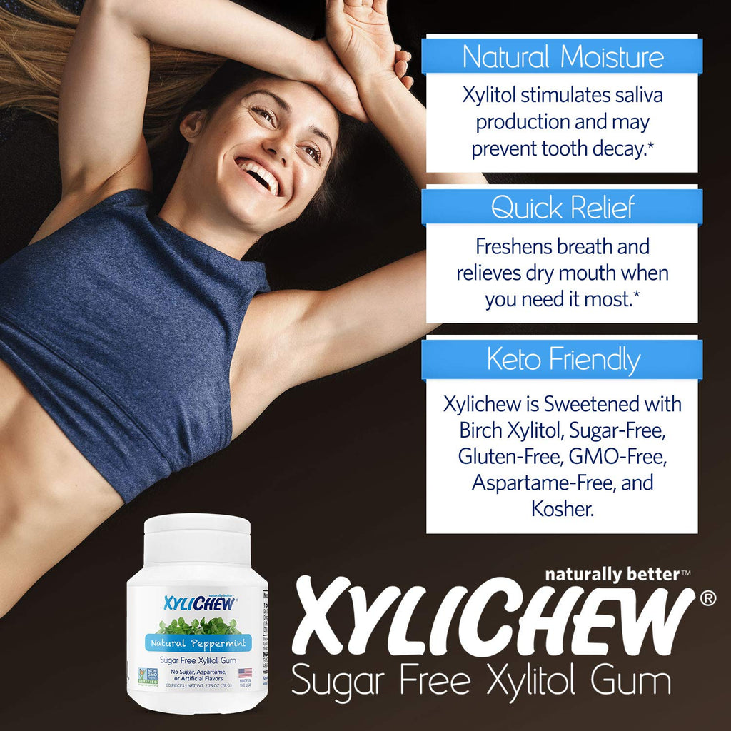 Xylichew 100% Xylitol Chewing Gum - Non GMO, Non Aspartame, Gluten Free, and Sugar Free Gum - Natural Oral Care, Relieves Bad Breath and Dry Mouth - Peppermint, 240 Count