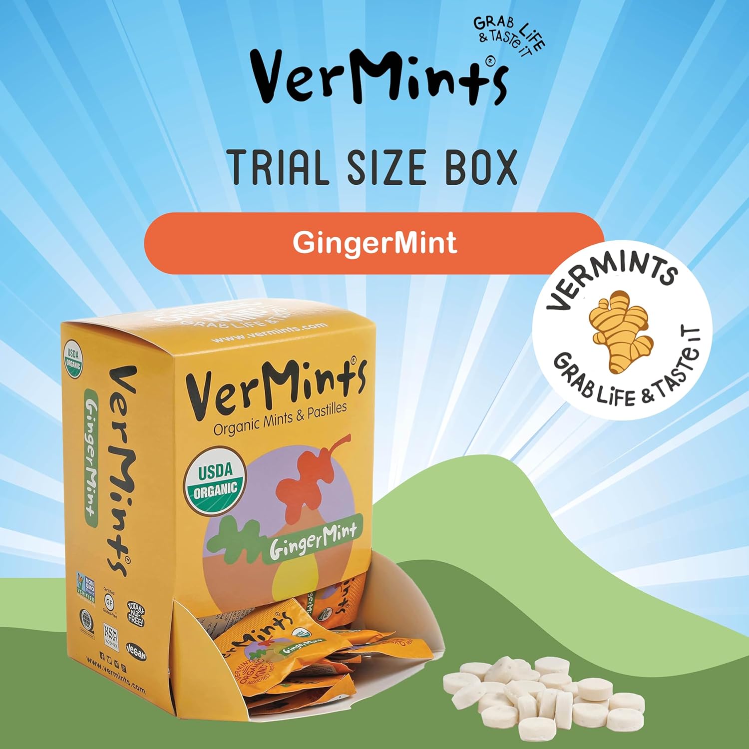 VerMints Organic Breath Mints GingerMints – Real Ginger Flavored Candies - Individually Wrapped Travel Size - Non-GMO, Nut Free, Gluten Free, Vegan, Kosher & Organic Candy Mints - 100 Packets