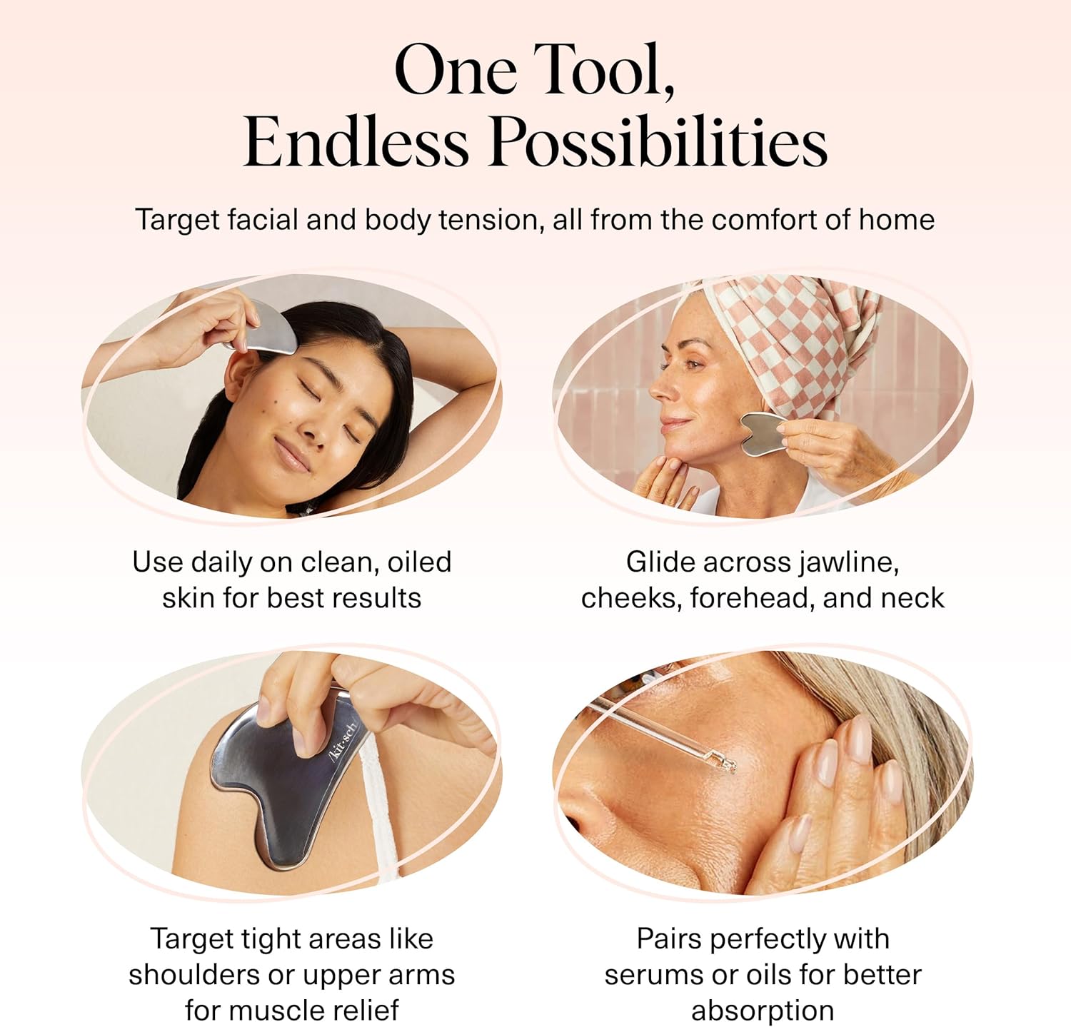 Kitsch Stainless Steel Gua Sha Facial Tools - Guasha Tool for Face, Face Sculpting Tool, Jawline Shaper, Double Chin Reducer, Body Gua Sha Tools, Lymphatic Drainage Massager, Facial Skin Care - Silver