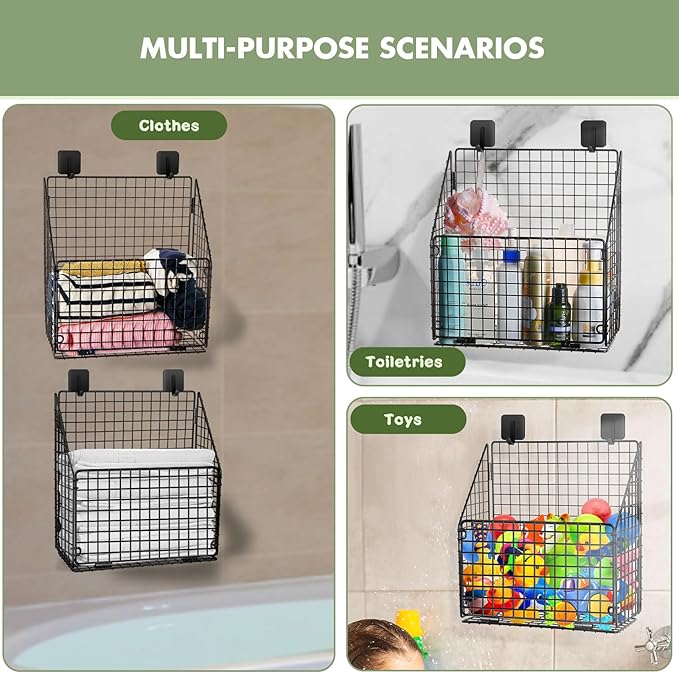 2 Pack Large Bath Toy Storage, Metal Bathtub Shower Toy Holder, Foldable bath Tub Toy Organizers Black, Bathroom Toy Storage with Drainage for Sorting Toys/Clothes/Toiletries