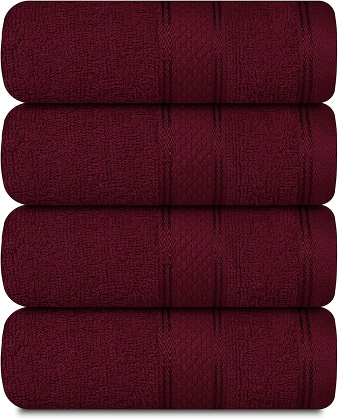 Casa Lino 100% Cotton Hand Towels for Bathroom - Soft, Highly Absorbent & Quick Dry Kitchen Towels - Gym Towel Set - Travel Towel Set - 24" x 16" - Pack of 4 - (Burgundy)