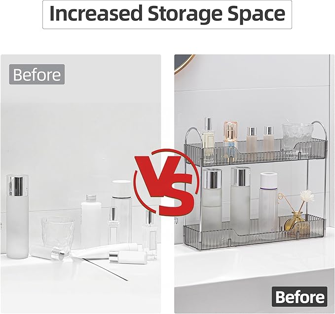 YCIA&DONE 2 Tiers Narrow Vanity Makeup Organizer, Bathroom Organizers Countertop Slim, Perfume Holder Skincare Storage Cosmetic Shelf Spice Rack, for Small Desktop Counter Space, Smoky Gray