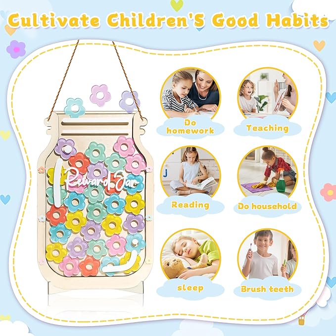 2 Pack Reward Jar for Kids, Heart and Flower Design with Colorful Letter Stickers, Reward Jar Magnetic System for Good Habits, Home School Potty Training Chart, Positive Behavior Incentive Tool