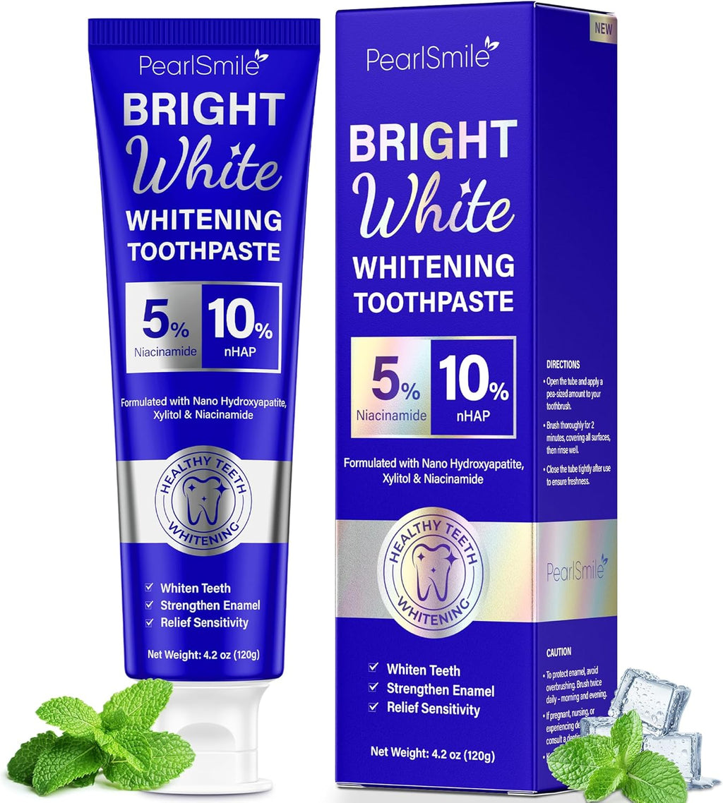 PearlSmile Niacinamide Hydroxyapatite Whitening Toothpaste – 10% Nano Hydroxyapatite + 5% Niacinamide – Strengthens Enamel, Remineralizes, Brightens Teeth – Fluoride-Free, Travel Size, 4.2oz