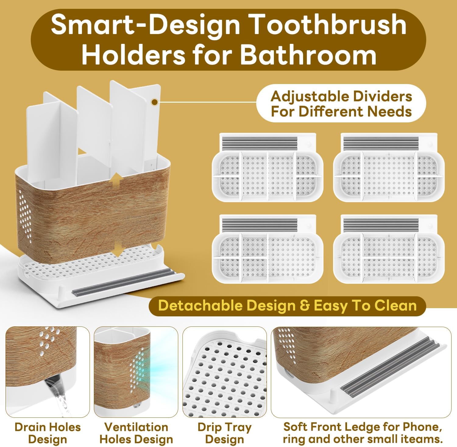 Bathroom Organizers and Storage 6 Slots Wood Grain Electric Toothbrush Holders with Phone Holder and Adjustable Dividers, Cord-Friendly Toothbrush Organizer with Drainage for Family, Kids