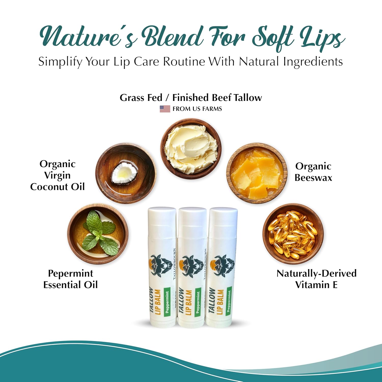 Moisturizing Tallow Lip Balm – Grass-Fed Beef Tallow with Organic Coconut Oil, Beeswax, and Vitamin E – Peppermint – Lip Balm Set – Travel Essential – 3-Pack