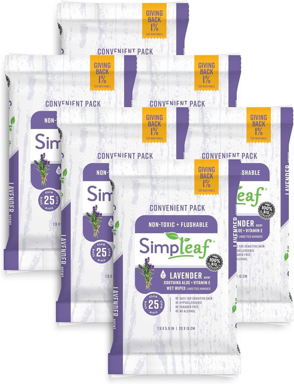 Simpleaf Flushable Wet Wipes Lavender| Eco-Friendly, Paraben & Alcohol Free | Hypoallergenic & Safe for Sensitive Skin | Soothing Aloe Formula | (6 x 25 Counts Convenient Pack) 150 Counts Total