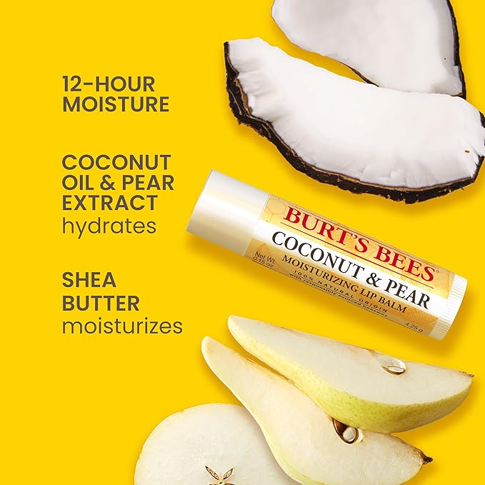 Burt's Bees Lip Balm - Berry Agua Fresca, Dragonfruit Lemon, Coconut & Pear, Tropical Pineapple Pack, With Beeswax, Tint-Free, Natural Origin Lip Treatment, 4 Tubes, 0.15 oz.