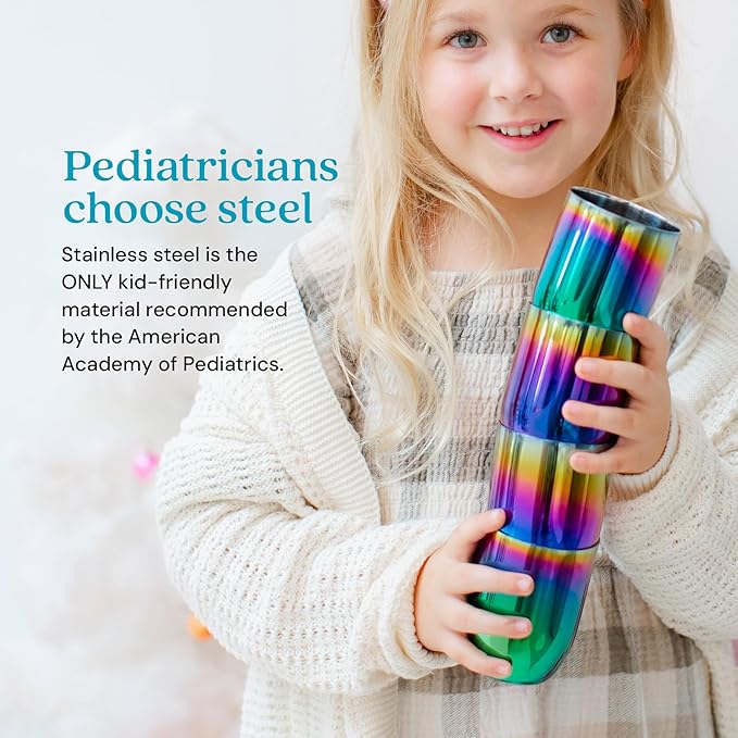 Ahimsa Stainless Steel Kids Cup, Pediatrician Designed, Colorful Toddler Cups for Open Cup Training, 8oz, 100% BPA Free & Dishwasher Safe, Single Rainbow