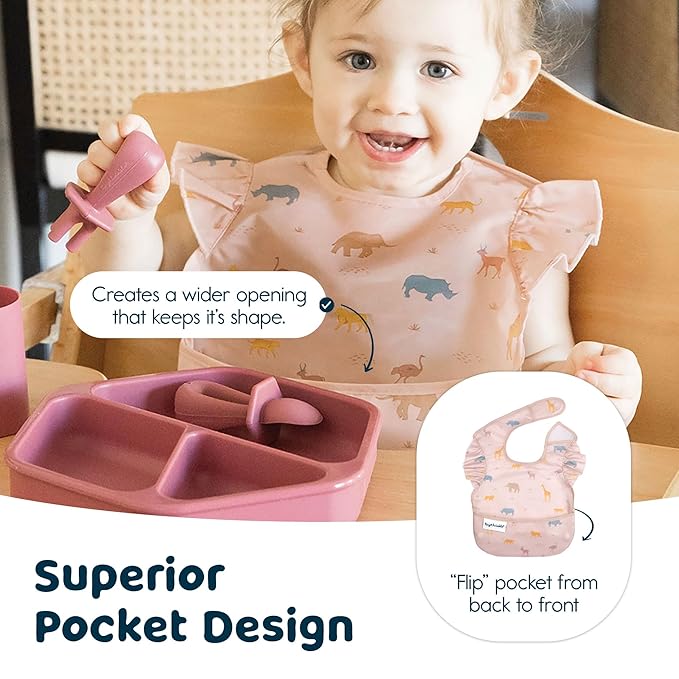 Tiny Twinkle Mess-Proof Baby Bibs for Eating | Waterproof, Wipeable Toddler Bibs with Catch-All Pocket | Feeding Bibs for Girls & Boys(3 Pack,Petite Safari)