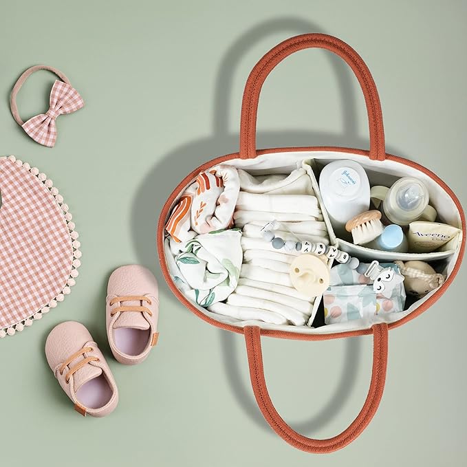 Large Baby Diaper Caddy Organizer for Girl Boy Rope Nursery Storage Bin Basket Portable Holder Tote Bag for Changing Table Car Travel Baby Shower Gifts Registry Must Haves Rustic