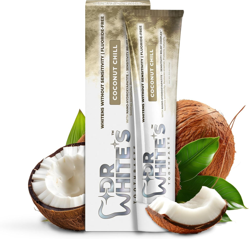 Dr. White’s Fluoride-Free nHA Toothpaste; Dentist-Formulated, Nano Hydroxyapatite + Xylitol, Sensitivity Relief Complex™, Mint-Free, Enamel Safe, Swallow-Safe (3.5 Oz, Coconut Chill)