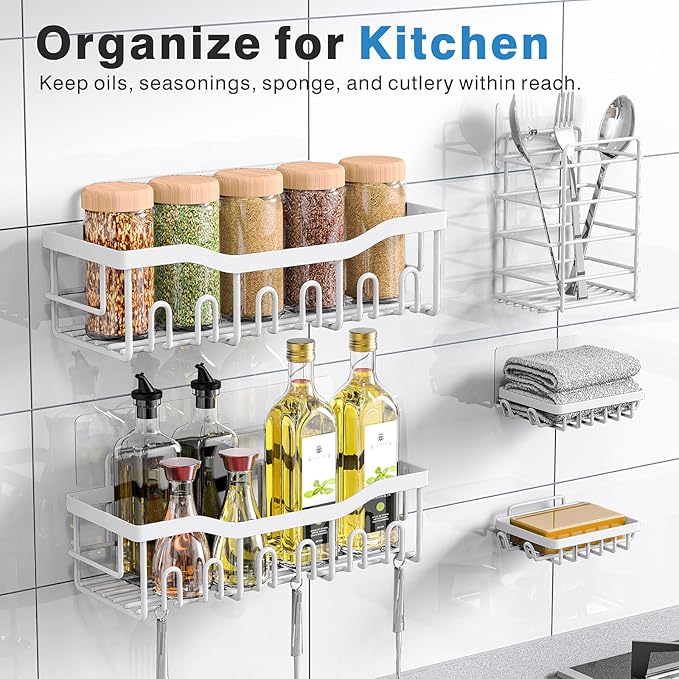 EUDELE 5-Pack Rustproof Stainless Steel Shower Caddy – No Drill Adhesive Bathroom Organizer with Large Capacity, Spacious Shower Shelves for Inside Shower, Kitchen & Home Decor Storage-XL Size