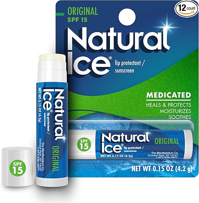 Mentholatum Natural Ice Original Medicated Lip Balm, Hydrating Lip Care for Dry, Chapped Lips, Moisturizing Formula with SPF 15 Helps Prevent Sunburn, Protection for Smooth, Soft Lips (Pack of 12)