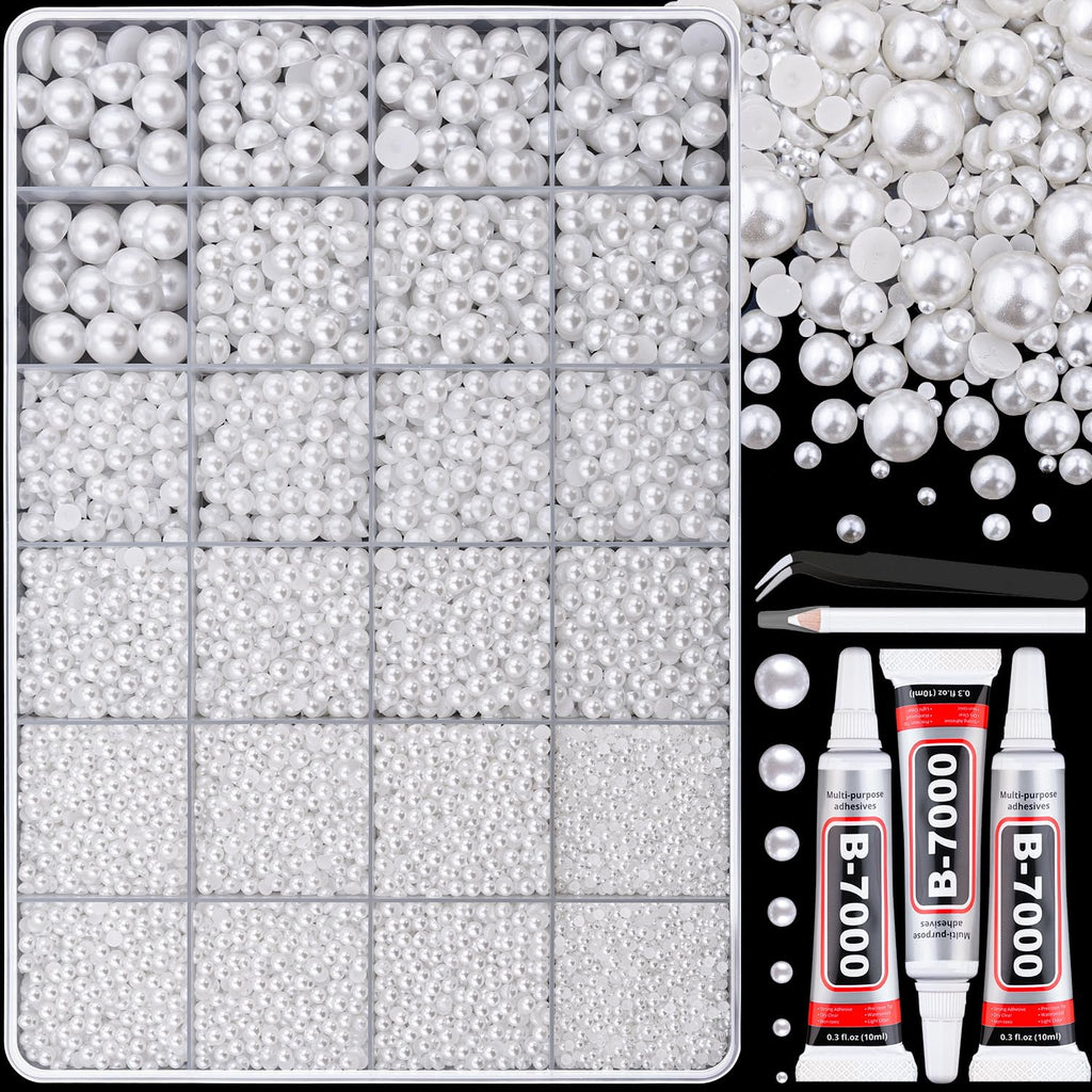 13500Pcs Flatback Pearls for Bedazzling (White) with 3Pcs B7000 Jewelry Glue, Assorted Size 2/3/4/5/6/8/10mm Half Pearl, Bedazzling Gems for Crafting Clothing Tumbler Shoes Embellishment Nail Art