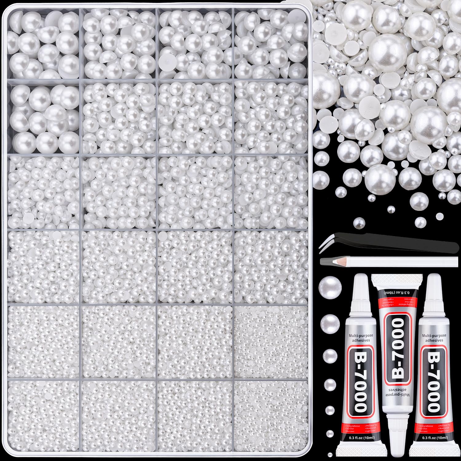13500Pcs Flatback Pearls for Bedazzling (White) with 3Pcs B7000 Jewelry Glue, Assorted Size 2/3/4/5/6/8/10mm Half Pearl, Bedazzling Gems for Crafting Clothing Tumbler Shoes Embellishment Nail Art